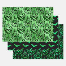 Green Bat Halloween Damask Patterns ラッピングペーパーシート