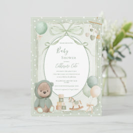 Green Bear with Toys Vintage Baby Shower 招待状