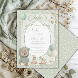Green Bear with Toys Vintage Baby Shower 招待状