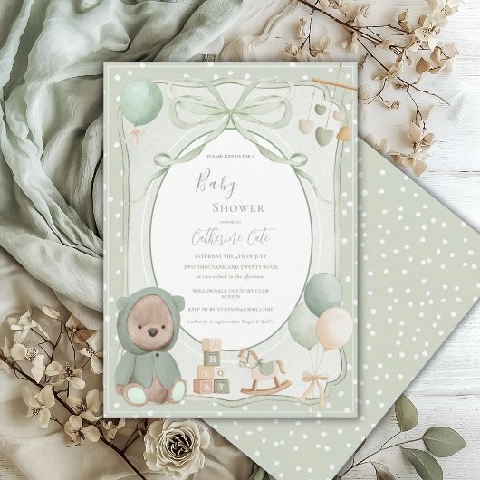 Green Bear with Toys Vintage Baby Shower 招待状