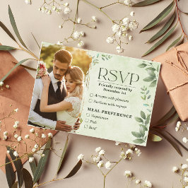 Green Beige Floral Photo Wedding RSVP Card