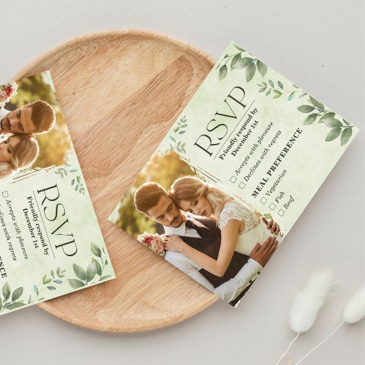 Green Beige Floral Photo Wedding RSVP Card