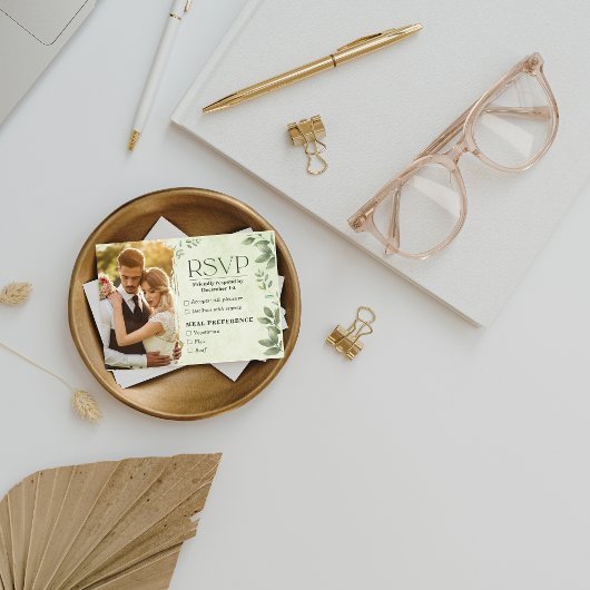 Green Beige Floral Photo Wedding RSVP Card