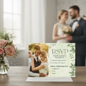 Green Beige Floral Photo Wedding RSVP Card