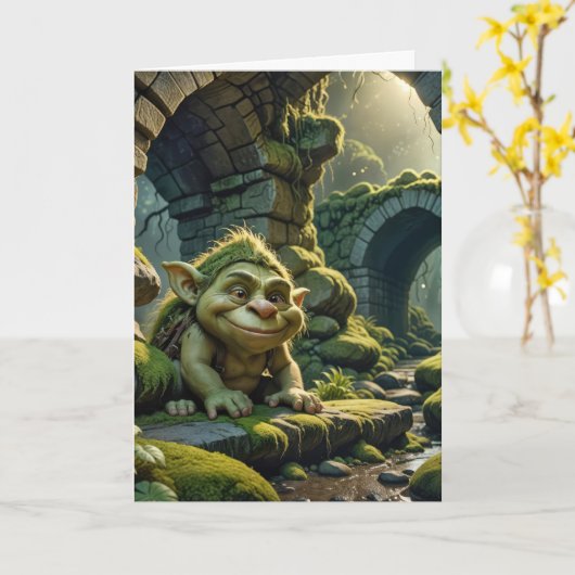 Green Birthday Troll Under a Bridge カード (黄色い花)