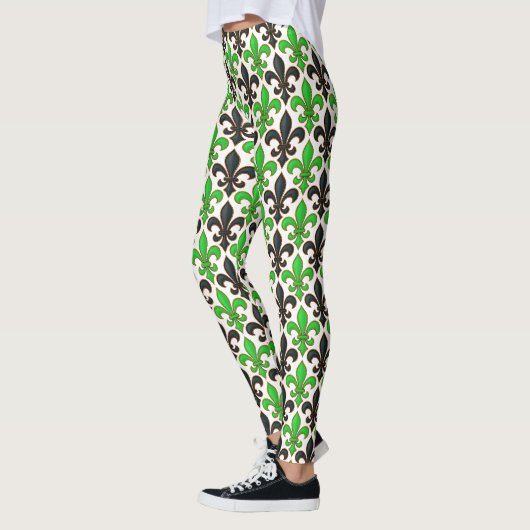 Green Black Baroque Fleur-de-lis Pattern Design レギンス (左)
