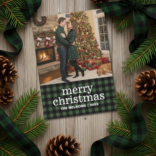 Green & Black Buffalo Plaid Merry Christmas Photo  シーズンカード