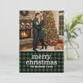 Green & Black Buffalo Plaid Merry Christmas Photo  シーズンカード (スタンド正面)