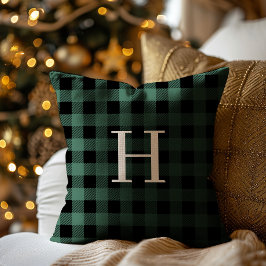 GREEN Black Buffalo Plaid Monogram Holiday クッション