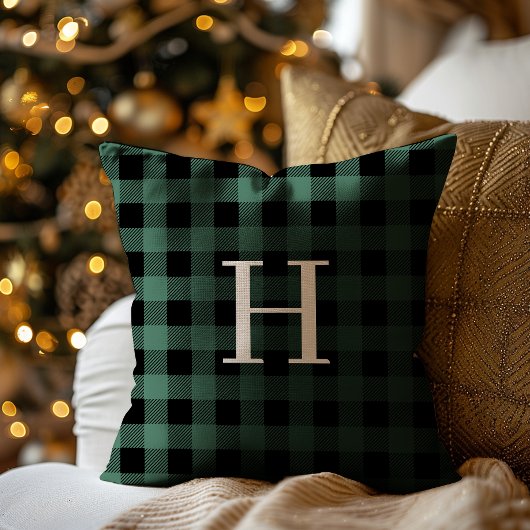 GREEN Black Buffalo Plaid Monogram Holiday クッション