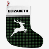Green & Black Buffalo Plaid with Reindeer Custom ラージクリスマスストッキング (正面)