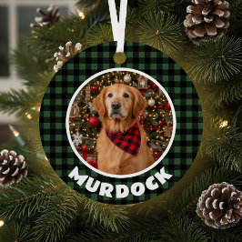 Green & Black Plaid Christmas Personalized Pet メタルオーナメント