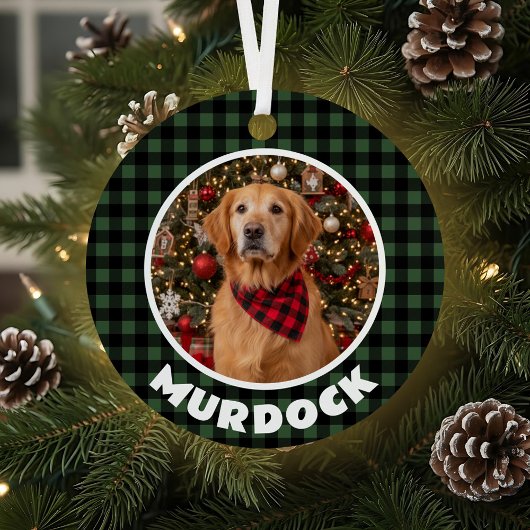 Green & Black Plaid Christmas Personalized Pet メタルオーナメント