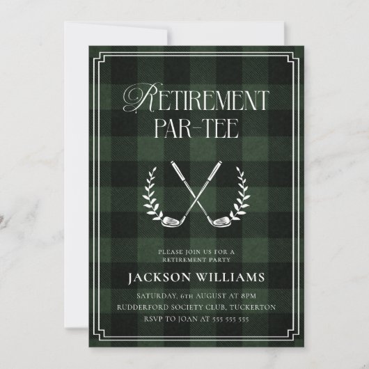 Green & Black Plaid Golf Retirement Party 招待状 (正面)