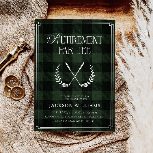 Green & Black Plaid Golf Retirement Party 招待状