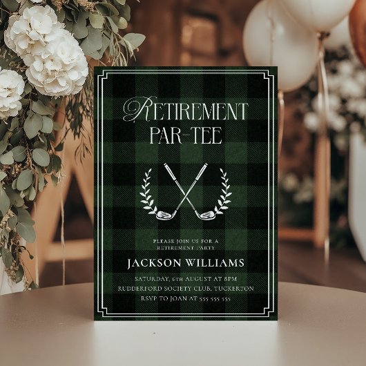 Green & Black Plaid Golf Retirement Party 招待状