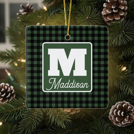 Green & Black Plaid Monogram Name Christmas  セラミックオーナメント