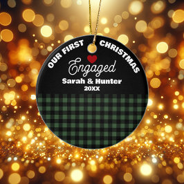 Green & Black Plaid Our 1st Christmas Engaged セラミックオーナメント
