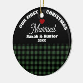 Green & Black Plaid Our 1st Christmas Married セラミックオーナメント (左)