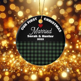Green & Black Plaid Our 1st Christmas Married セラミックオーナメント