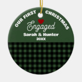 Green & Black Plaid Our First Christmas Engaged セラミックオーナメント (正面)