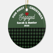 Green & Black Plaid Our First Christmas Engaged セラミックオーナメント (左)