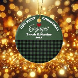 Green & Black Plaid Our First Christmas Engaged セラミックオーナメント