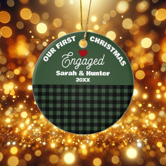 Green & Black Plaid Our First Christmas Engaged セラミックオーナメント