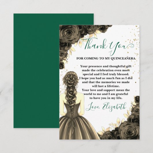 Green & Black Quinceañera Custom Thank You Card サンキューカード (正面/裏面)