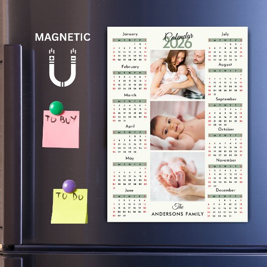 Green Black Red 2026 Calendar Photo Collage Magnet