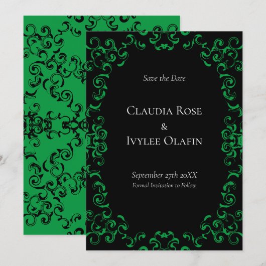 Green & Black Swirl Gothic 結婚's 招待状 (正面/裏面)