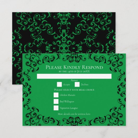 Green & Black Swirl Gothic 結婚's 招待状 (正面/裏面)