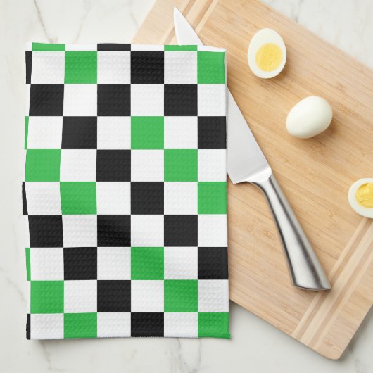 Green Black White Checkered Pattern Design  キッチンタオル (四つ折り)