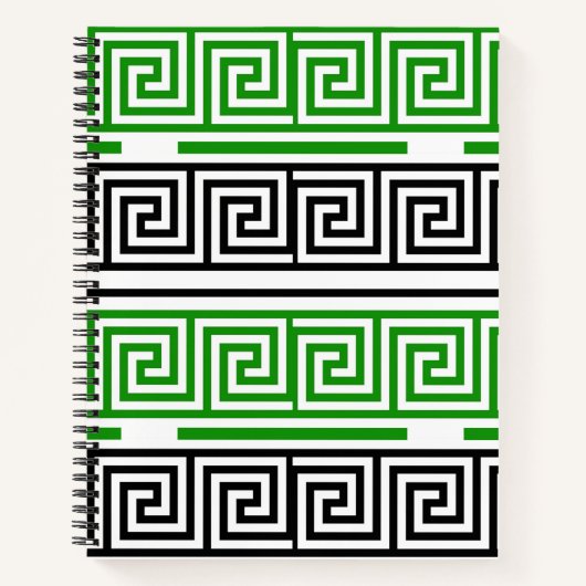 Green Black White Greek Key Fret Pattern Design ノートブック (正面)
