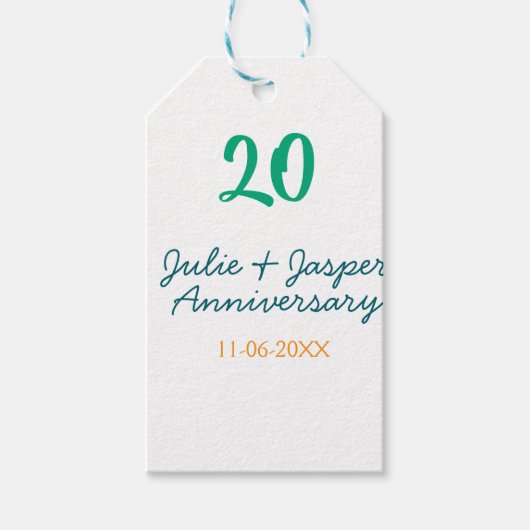 Green blue 20th anniversary name date orange  ギフトタグ (正面)