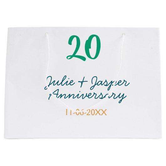 Green blue 20th anniversary name date orange  ラージペーパーバッグ (正面)