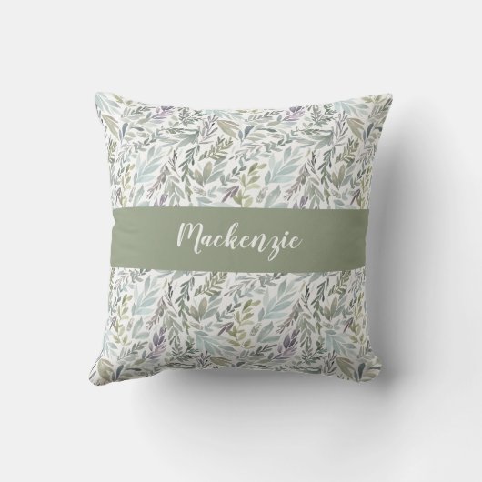 Green Blue Botanical Watercolor Monogram Name クッション (裏面)