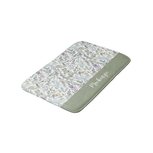 Green Blue Botanical Watercolor Monogram Name バスマット (アングル)