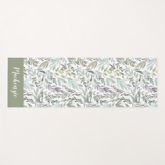 Green Blue Botanical Watercolor Monogram Name ヨガマット (正面(横))