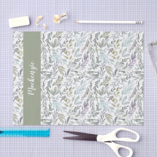 Green Blue Botanical Watercolor Monogram Name 薄葉紙 (クラフト)