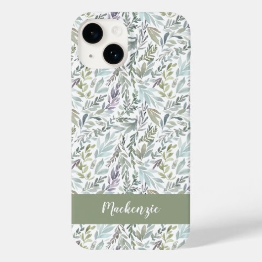 Green Blue Botanical Watercolor Monogram Name Case-Mate iPhoneケース (裏面)