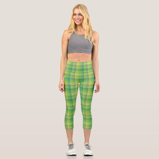 Green Blue Checker Abstract Pattern カプリレギンス (正面)