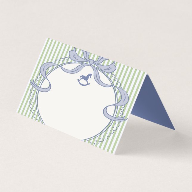 Green & Blue Coquette Bow Rocking Horse Place Card (正面)