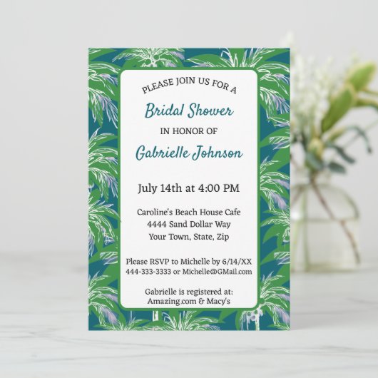 Green Blue Palm Tree Modern Wedding Shower Party 招待状 (スタンド正面)