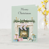 Green Blue Pink Christmas Fireplace Stockings カード (黄色い花)