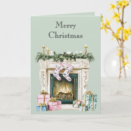 Green Blue Pink Christmas Fireplace Stockings カード (黄色い花)