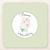 Green Blush Peach Orchid Flowers Wedding スクエアペーパーコースター (正面)