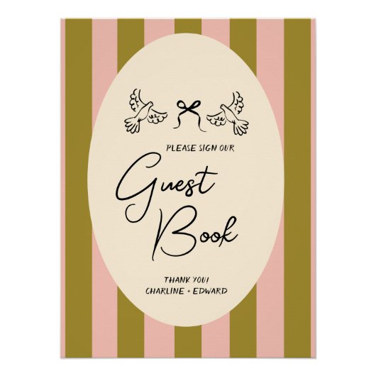 Green Blush Pink Striped Wedding Guestbook Sign ポスター (正面)