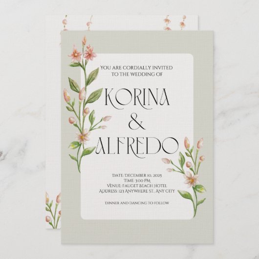 Green Boho Watercolor Botanical Wedding Invitation 招待状 (正面/裏面)