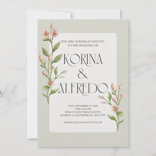 Green Boho Watercolor Botanical Wedding Invitation 招待状 (正面)